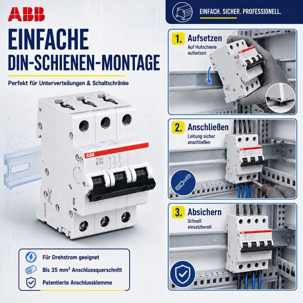 ABB S203-B50 Leitungsschutzschalter 3-polig 50A B-Charakteristik, Sicherungsautomat 6kA, LS-Schalter für Drehstrom, Automaten Sicherung für Hutschiene, System pro M compact