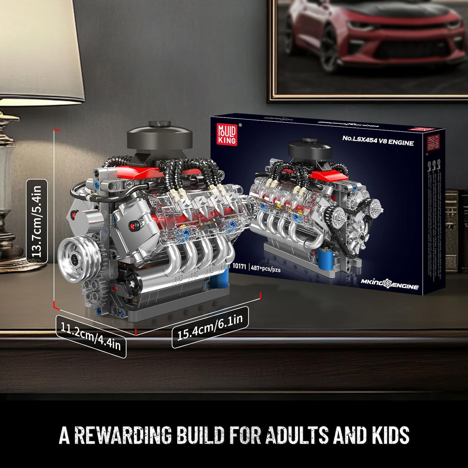 Mould King 10171 V8 Engine Building Blocks Sets, V8 Engine Model kit That Run, Build Your Own STEM Model Engine, 8-Cylinder Car Engine Building Engineering Toys for Age 14+/Adults Collections(487+PCS)