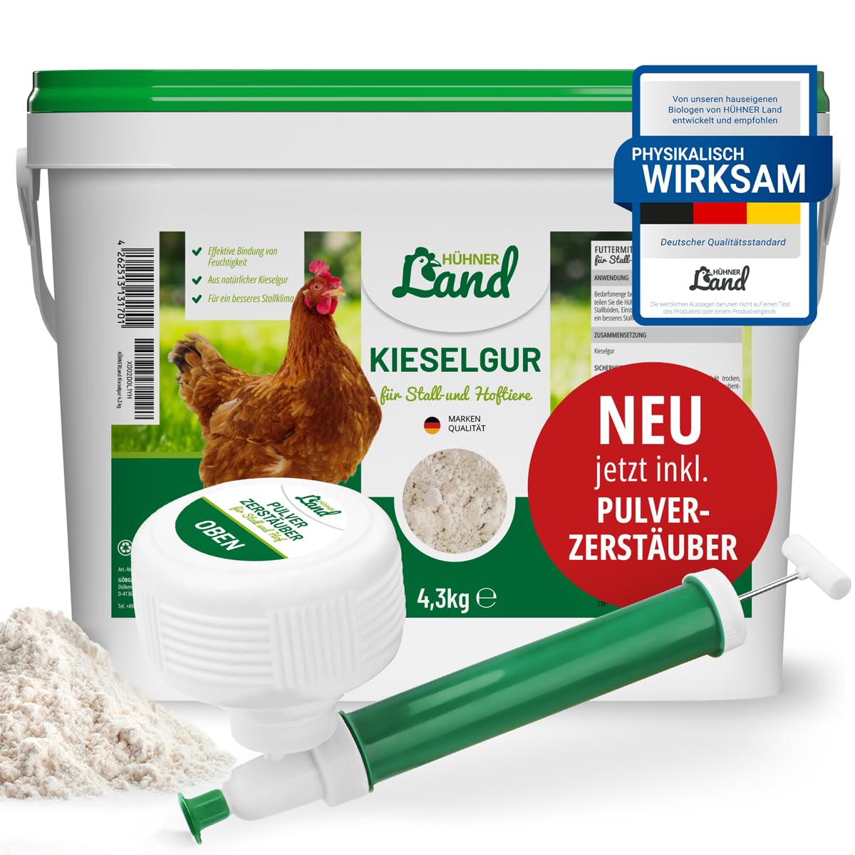 HÜHNER Land Kieselgur für Hühner 4,3kg INKLUSIVE Pulverzerstäuber - Reines Kieselgur Hühner Pulver, Kieselerde Pulver, Naturprodukt für Hühnerstall, Laborgeprüft für Geflügel Betriebe