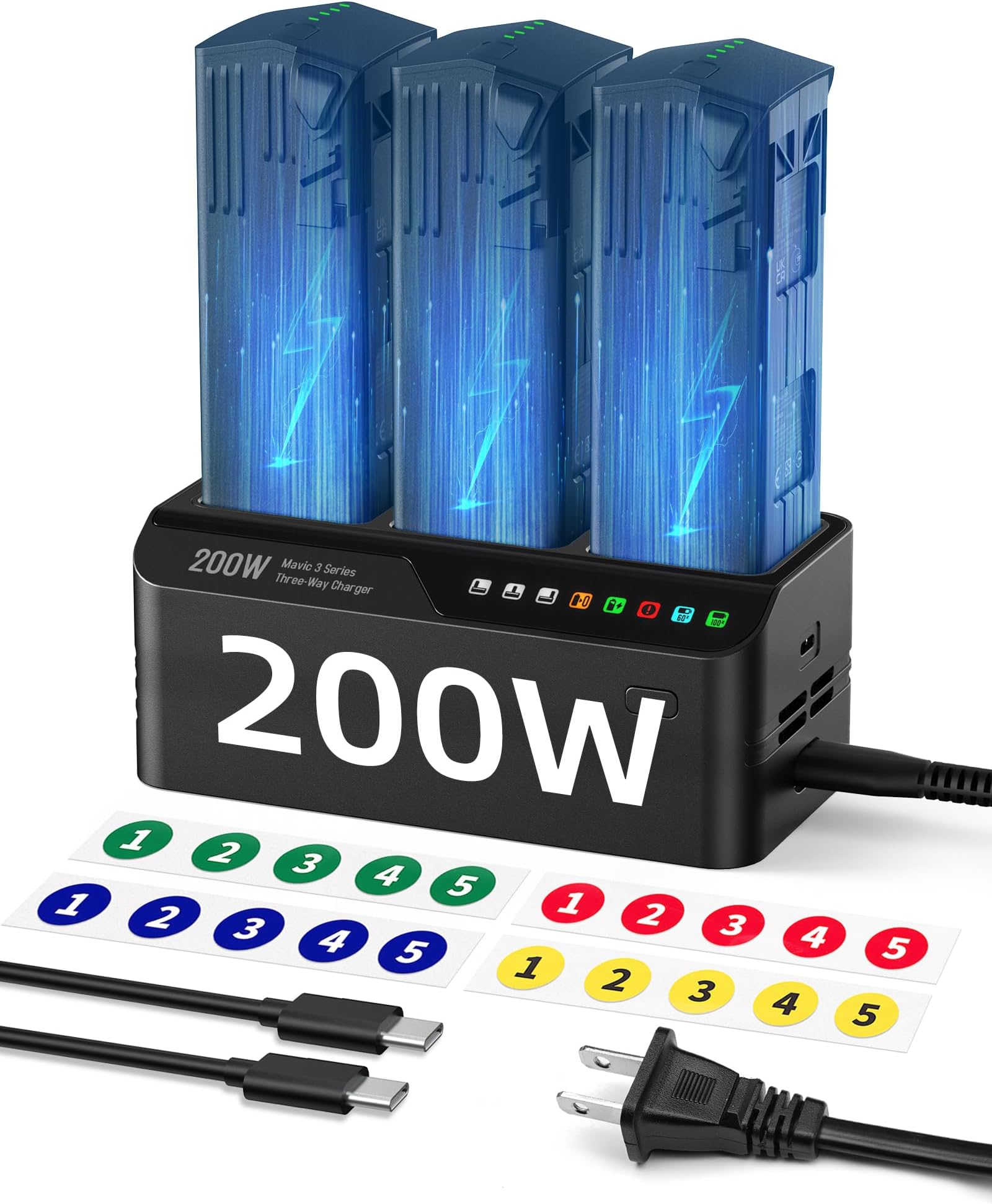 LKTOP 200W Mavic 3 Series Battery Charging Hub with Stickers 3.5X Fast Charger for DJI Mavic 3/Pro/Classic/Cine/Pro Cine/Enterprise/Thermal Drone, Controller, Hub/Car Charger (Charge 3 Batteries: 1hr)
