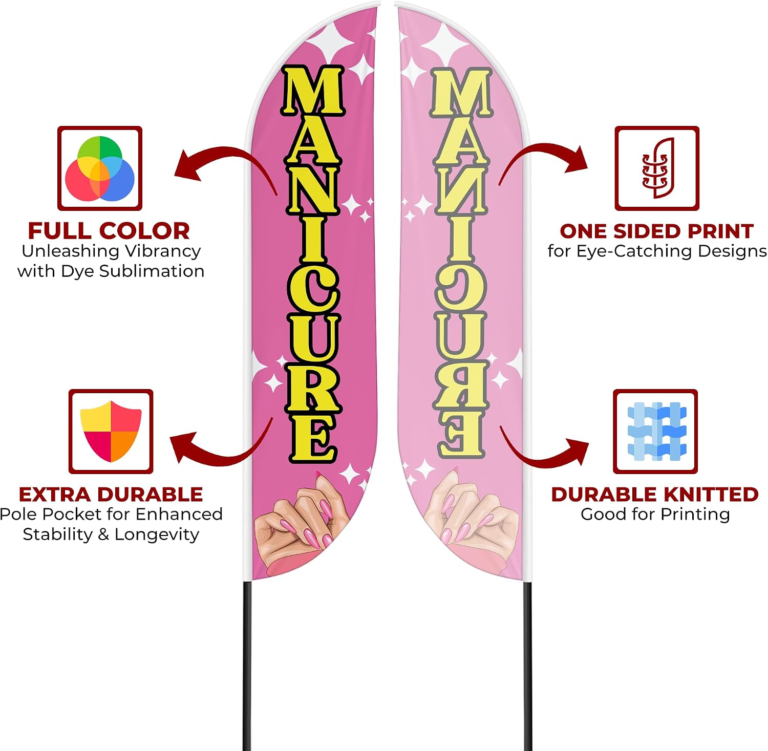 Manicure Sign feather flag Outdoor by Mavis Print | 11.5 FEET Long Polyester Outdoor Banner Flag Easy Hang | HD Print Swooper I Flag Only Salon Advertising | Made in USA I Flag Only