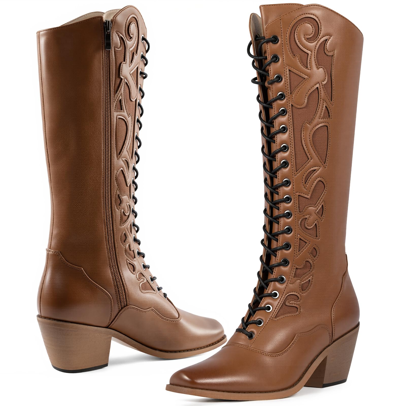 SO SIMPOK Lace Up Cowboy Boots for Women Square Toe Knee High Cowgirl Boots Low Block Heel Western Boots Vintage Zipper Tall Booties for Ladies