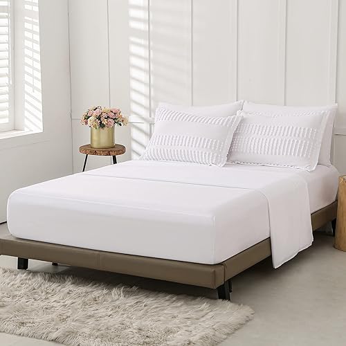 Miniatura 3 de Juego de edredón blanco tamaño King con sábanas, 7 piezas de cama en una bolsa, juego de edredón bohemio con pompones, juego de cama King de