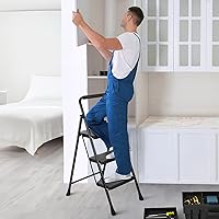 Vista 5 de Escalera de 3 escalones, taburete plegable para adultos con pedal antideslizante ancho, escalera de acero resistente, ligera, cómoda empuñadura