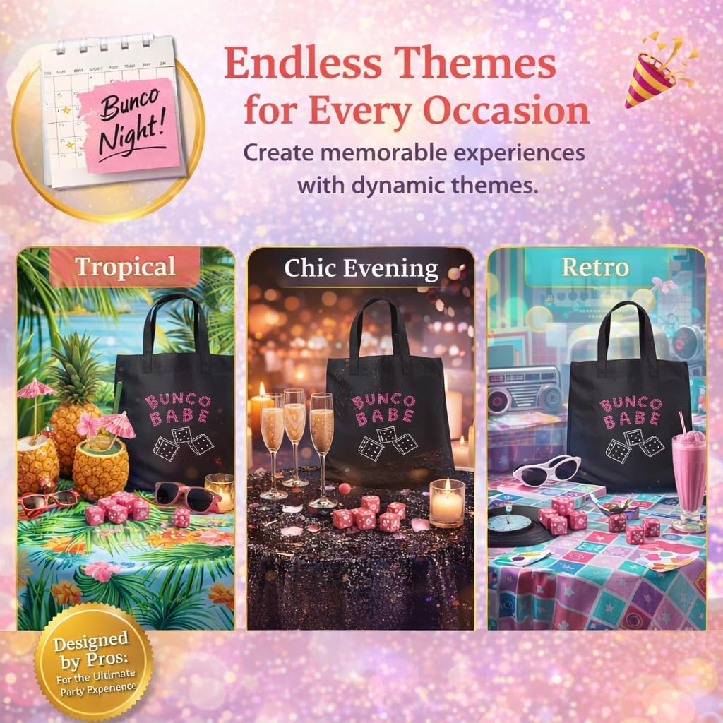 Bunco Babe Game Kit for 12 Players – All-in-One Bunco Party Supplies Starter Set with Tote Bag, Dice, Score Sheets, Pencils, Bell & Plush Die – Ready-to-Play Hostess Kit