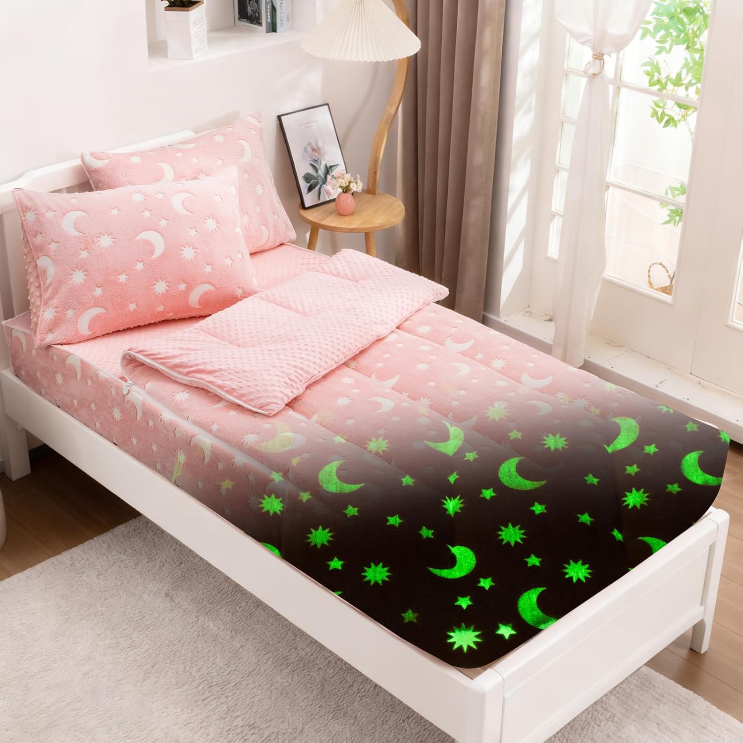 Meeting Story Fluffy Twin Zipper Bedding Kids Star Moon Glow in the Dark Comforter Set for Girls(Pink,Twin)