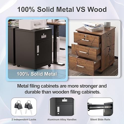 Miniatura 3 de VASAAOSD Archivador móvil rodante, archivador de metal con 2 cerraduras, archivador con cajones y ruedas, archivador debajo del escritorio para