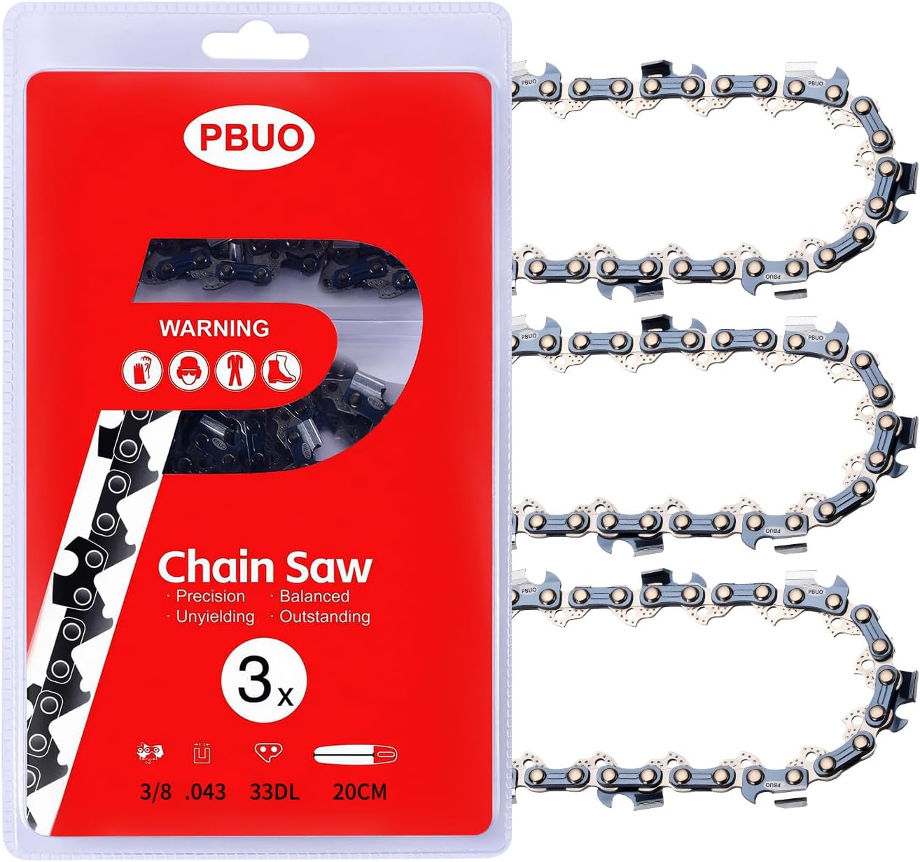 8 Inch Chainsaw Chain Replacement, 3/8" LP Pitch .043" Gauge 33 Drive Links, Fits Ryobi P4361, P5452, Greenworks 20142 3004, Poulan 810 EPT and More, Semi-Chisel Low-Kickback Design, 3 Pack | P-Series
