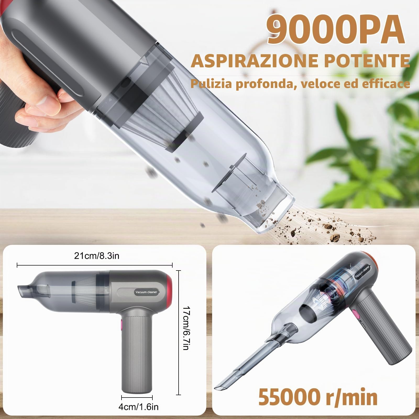 Tiazhan Aspirapolvere manuale, 9000 Pa, potente aspirapolvere a mano, 4 in 1, leggero soffiatore di polvere e aspirapolvere, display a LED, mini aspirapolvere ricaricabile USB, per auto (Grigio)