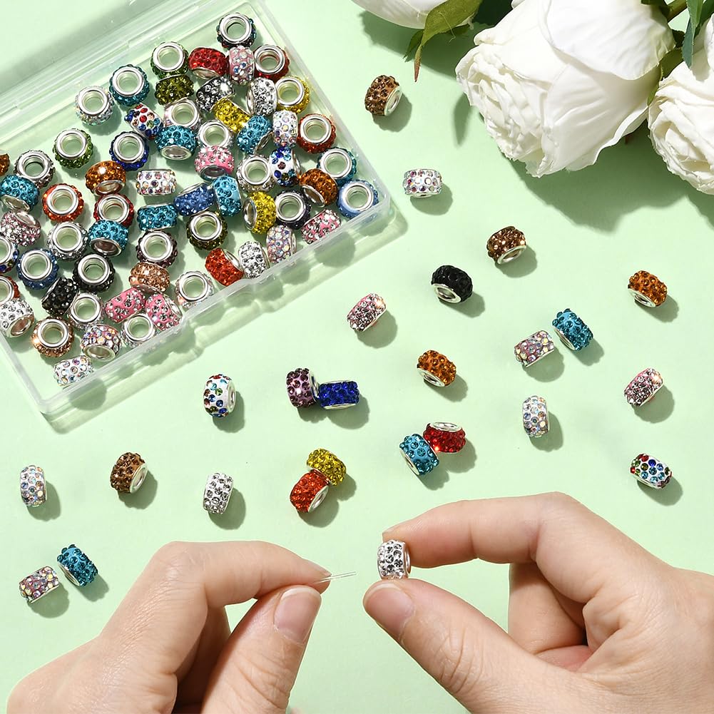 PONABEADIY 1 Box 12MM 80PCS Large Hole Rhinestone Spacer Beads Sparkly Big Holes European Rondelle Colourful Charms Loose Bead Bulk for Jewellery Making Bracelets Beadable Pens Hair Braids DIY Crafts - Image 3