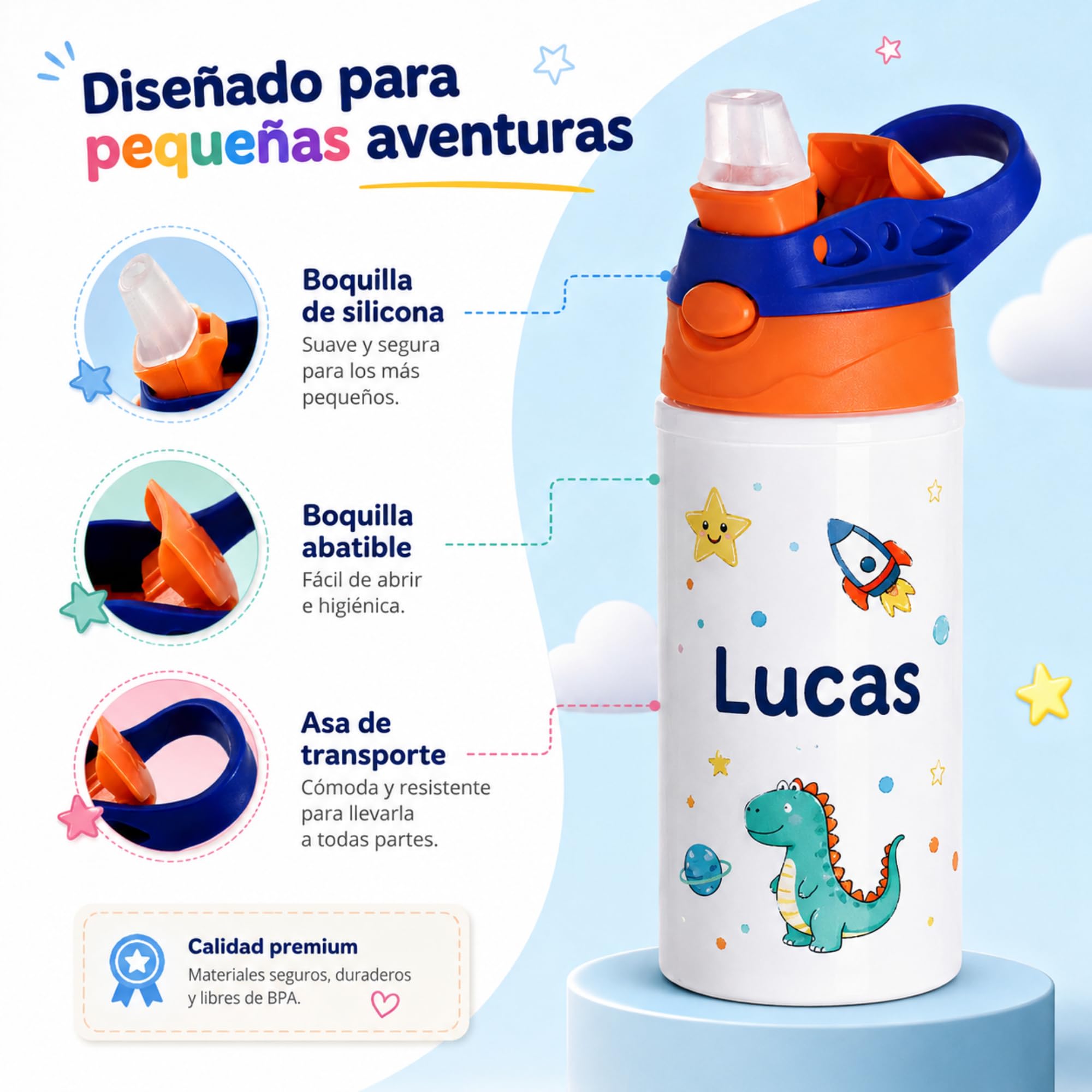 Botella Infantil Personalizada con Foto y Texto - Boquilla de silicona y boton de apertura - 500 ml de capacidad - Regalo Original - Botella Personalizada - Botella de agua niños (Naranja/Violeta)