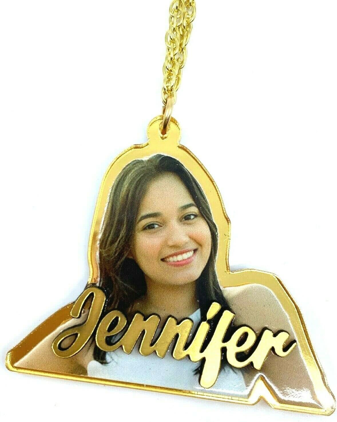 MIRROR MANIA All New Your Own Picture Photo UV Printed on Premium Clear Acrylic Nameplate Necklace Pendant Personalized Free Laser Cut Any Name Custom With Silver or Gold Choice Chain- WOW!