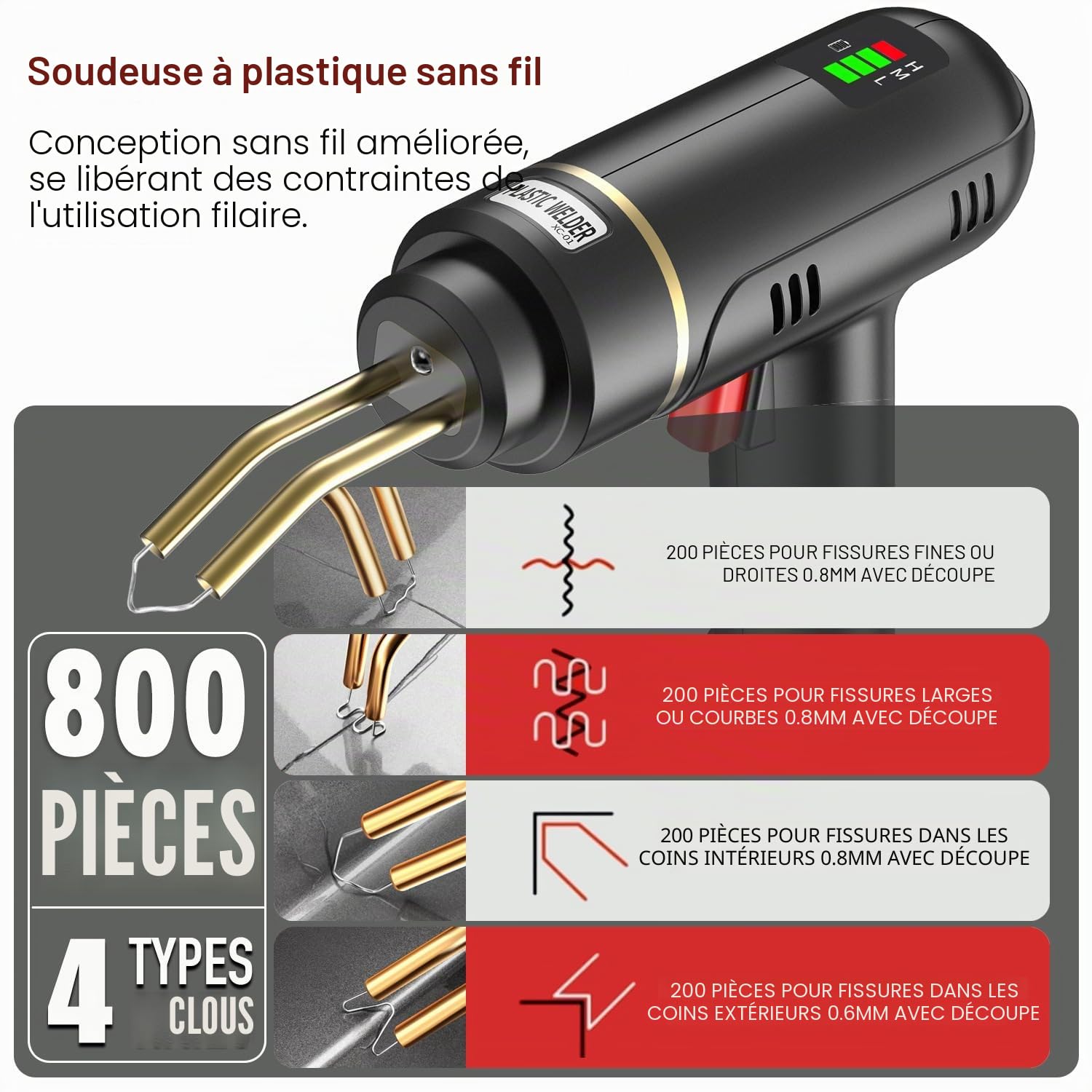 Poste à souder en plastique 200 W rechargeable USB 800 agrafeuses chaude soudure plastique sans fil kit réparation pare-chocs kayak canoë