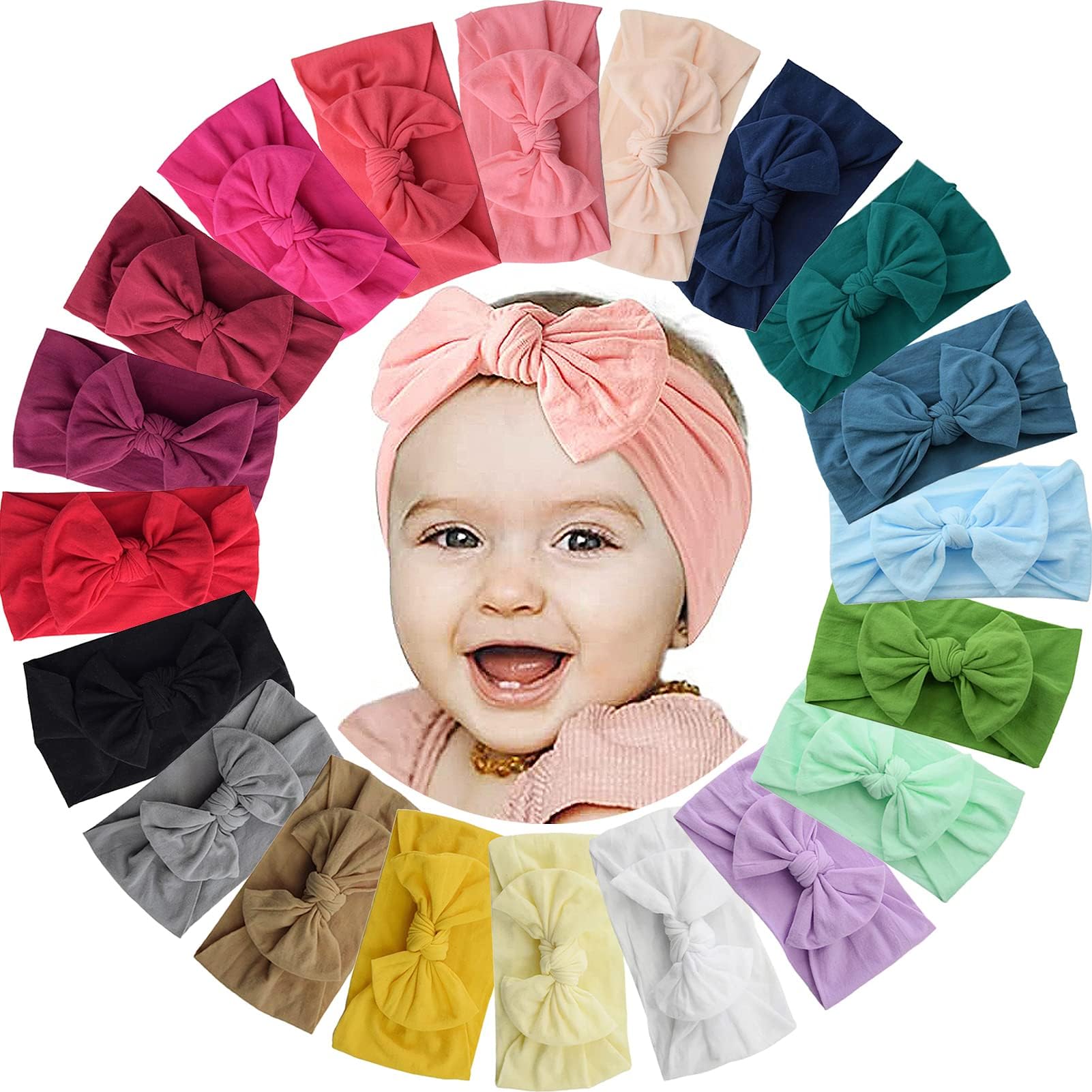 ALinmo 20PCS Elastic Nylon Turban Stretchy Soft Wide Bowknot Headbands for Babies Newborn Baby Girl Infant Toddler