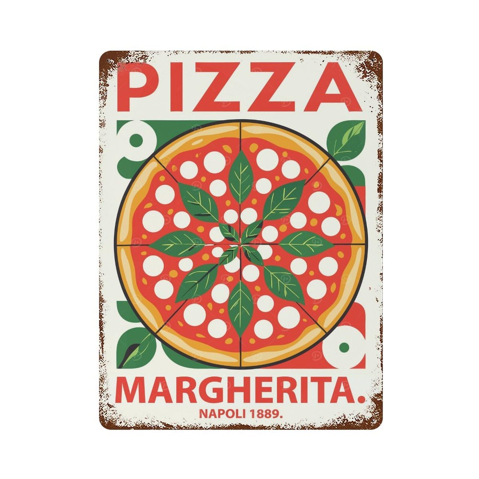 Pizza Margherita Illustration Rusty Metal Tin Sign 15.7"x11.8", for Living Room, Hallway And Home Decor, Old School Wall Decor