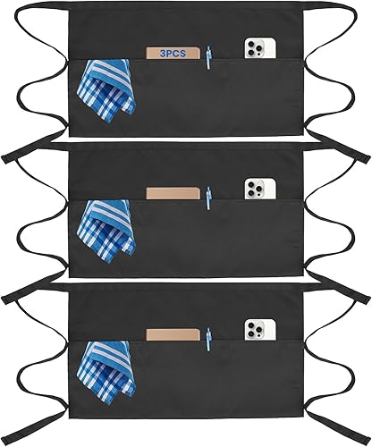 Delantal de servicio de 3 piezas con 3 bolsillos, delantales para mujer con bolsillos, delantal impermeable con delantal de camarera, delantales