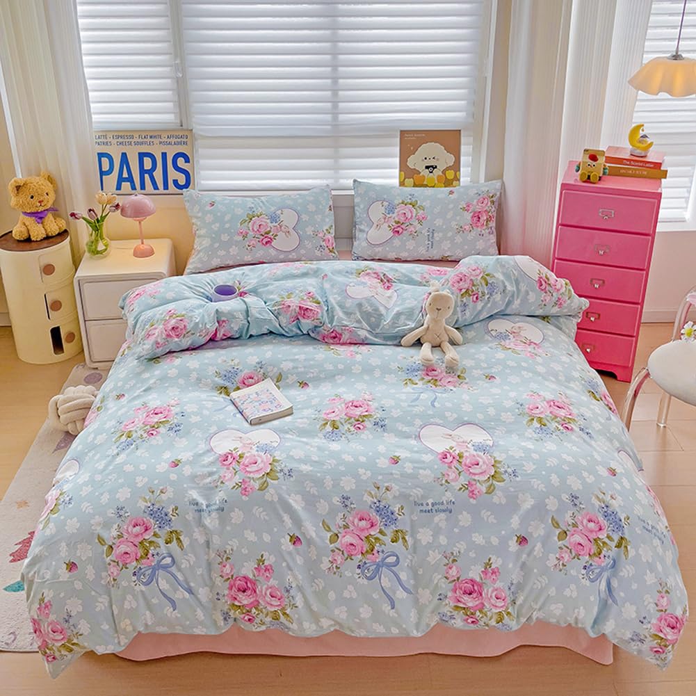 HOLY HOME Girls' Floral Duvet Cover Set, (No Comforter) Farmhouse Roses Bedclothes Reversible 4 Pieces (Myrose, Twin)