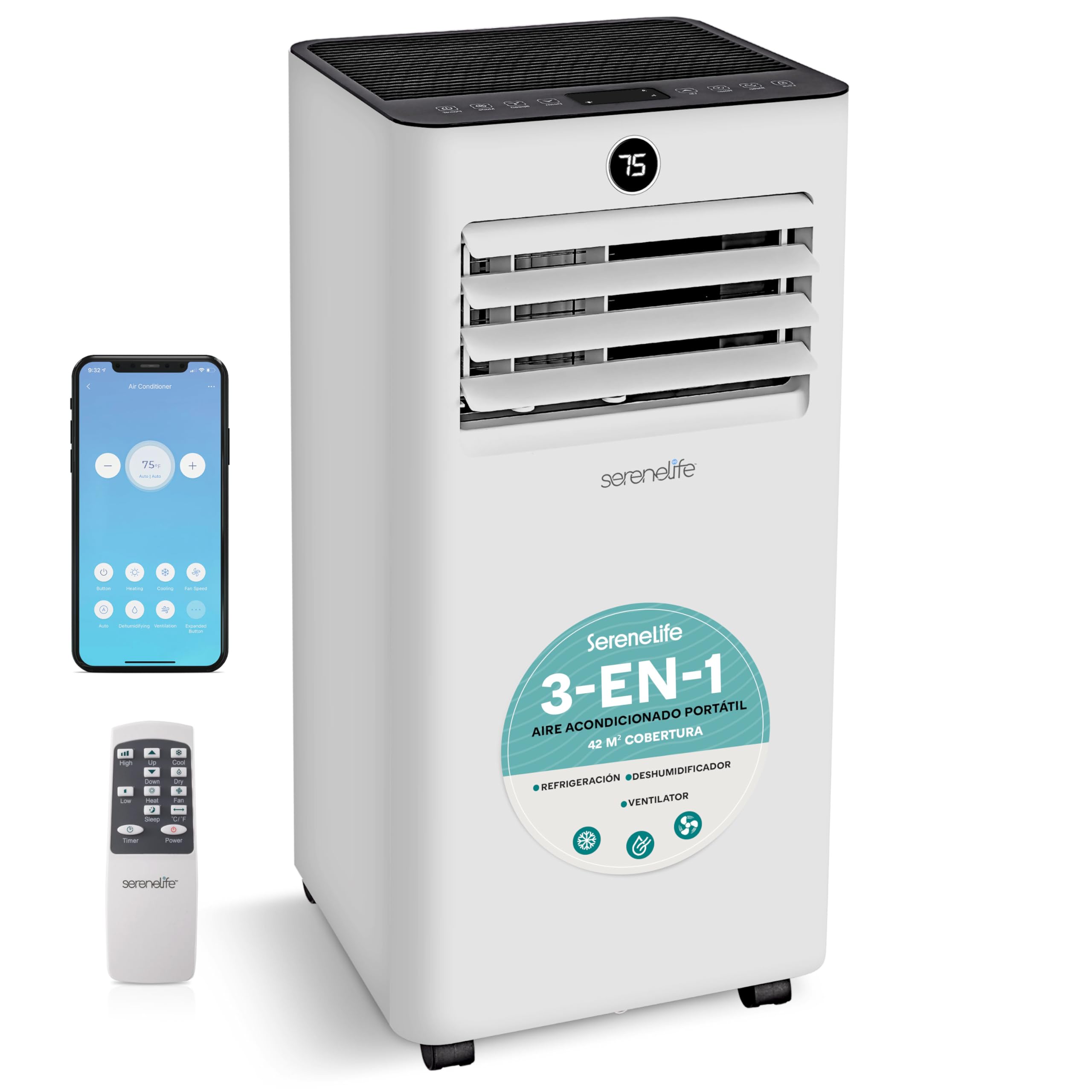 SereneLife Aire Acondicionado Portátil 9000 BTU, Climatizador WiFi con Mando a Distancia, Kit de Montaje para Ventana, Deshumidificador y Ventilador, Compacto para Casa, Oficina y Escuela