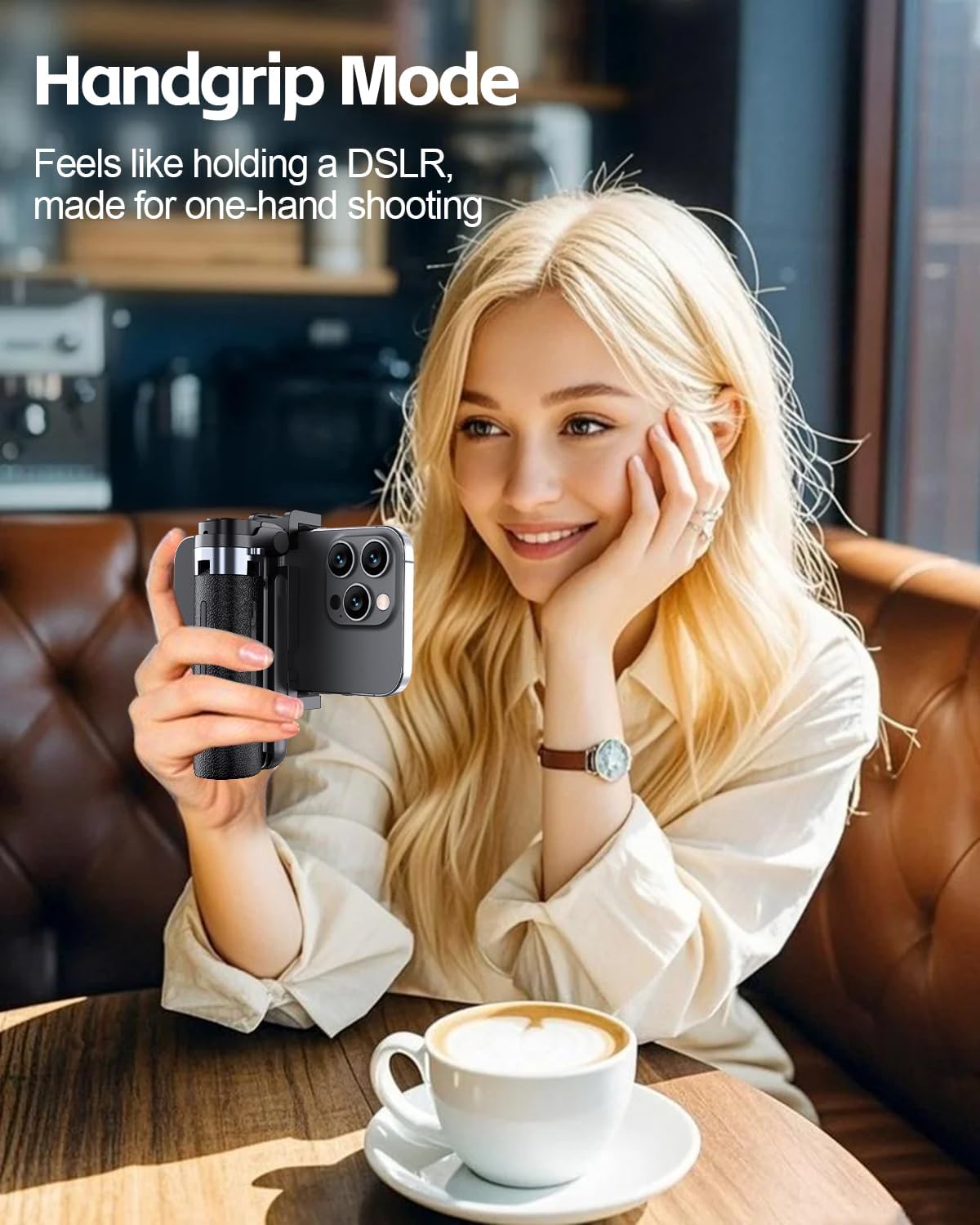 Woman holding smartphone attached to UBeesize selfie stick in handgrip mode