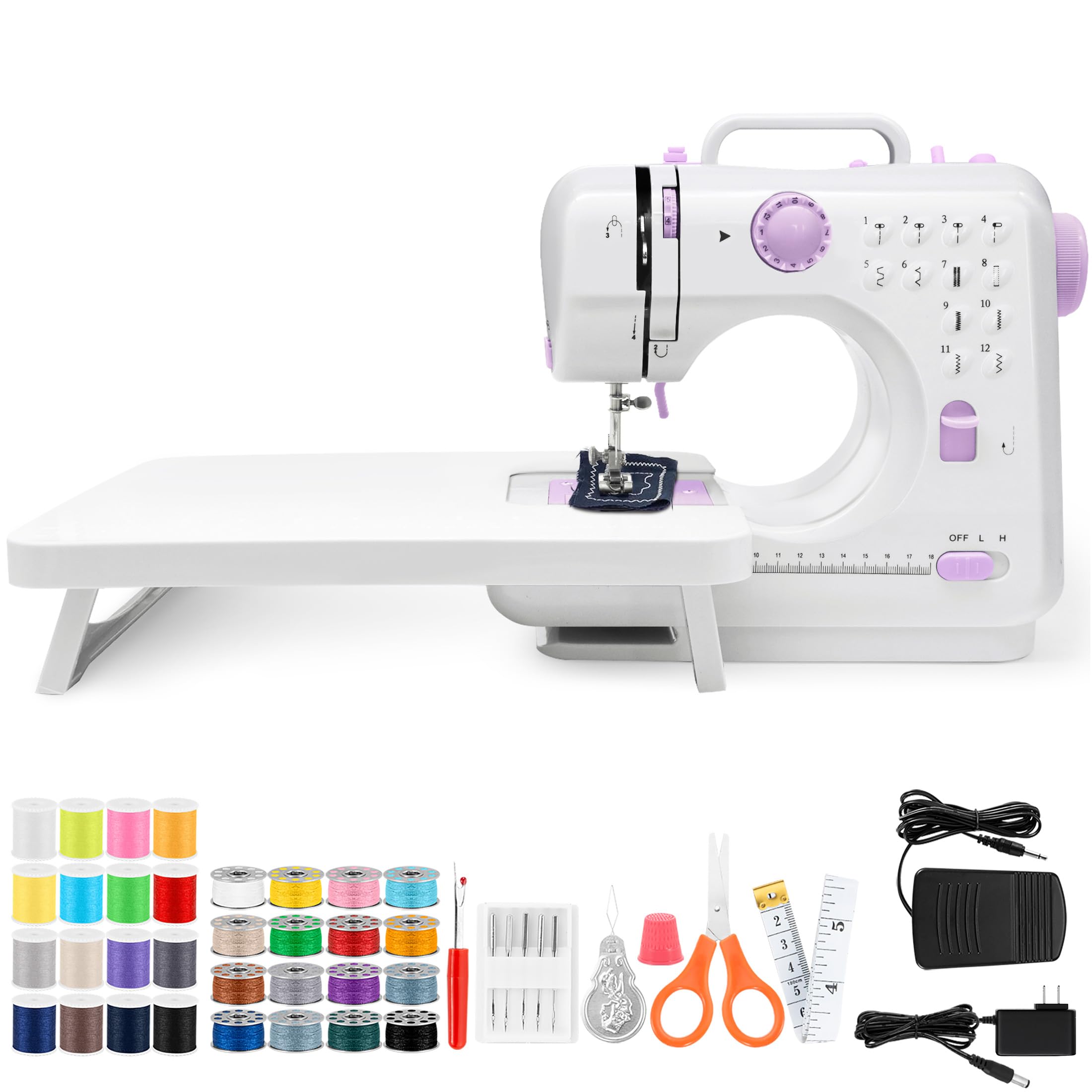 Nähmaschine mit Anschiebetisch, Mini-Nähmaschine, tragbare elektrische Nähmaschine, 12-Stiche-Nähmaschine mit LED-Licht, Nähzubehör-Set, ideal für Kleidung, Kissenbezüge, Bettlaken
