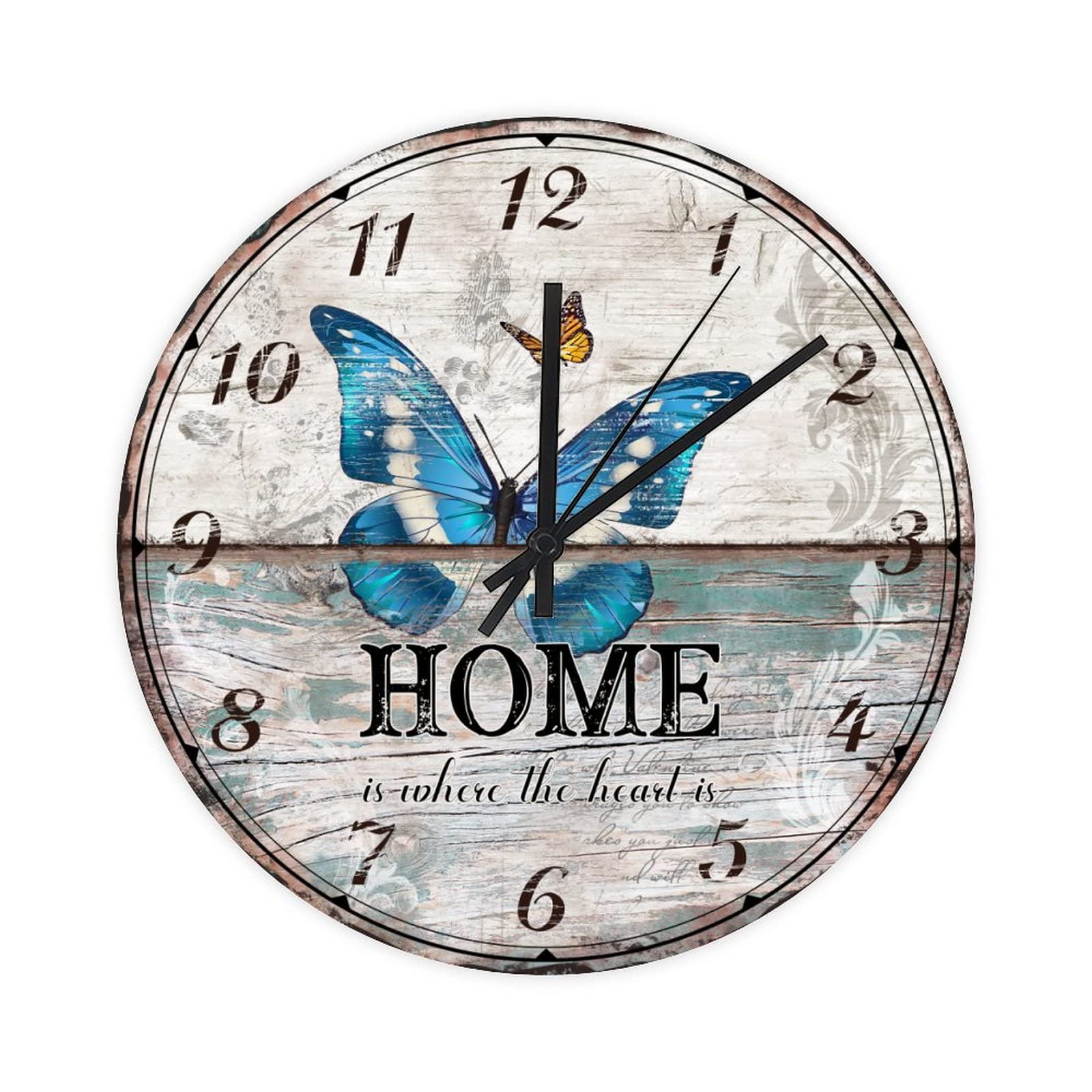 Vintage Butterfly Wall Clock Home is Where The Heart is Clock Silent Non-Ticking 10 Inch Rustic Farmhouse Round Wall Clock Home Decor Clock Art for Living Room Kitchen Bedroom
