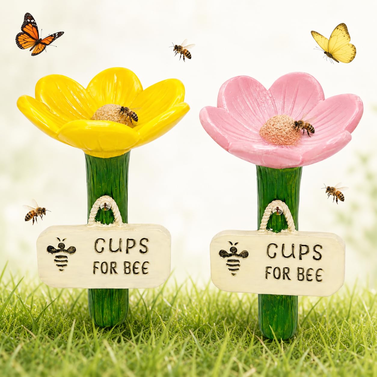 Flower Shaped Bee Watering Station 2PCS - Resin Bee Cups for Garden & Outdoor Pollinators - Pink & Yellow Bee Drinker for Thirsty Bees & Butterflies