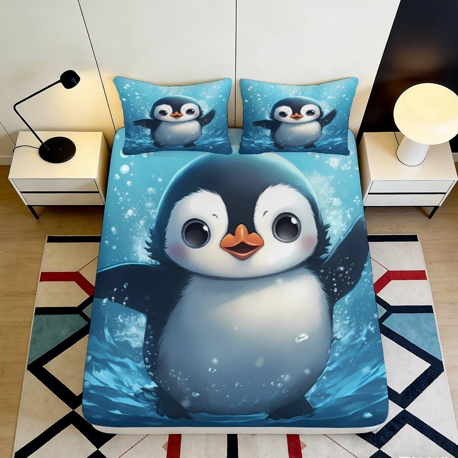 3D Printed Cute Penguin Fitted Sheet Microfiber Soft Blue Ocean Cartoon Mattress Cover for Bedroom Dorm Bed Decor 120x200x25cm