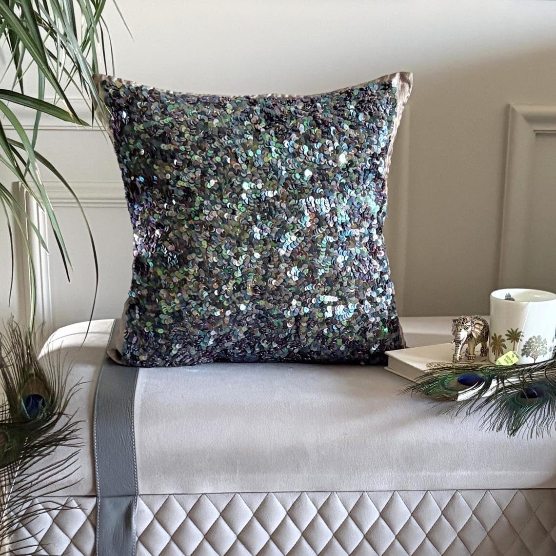 The HomeCentric Cushion Covers for Couch, Decorative Blue 16"x16" (40x40 cm) Throw Pillow Cover for Sofa, Silk Sequins & Peacock Pillowcase with Zipper, Abstract Modern - Dazzling Flora