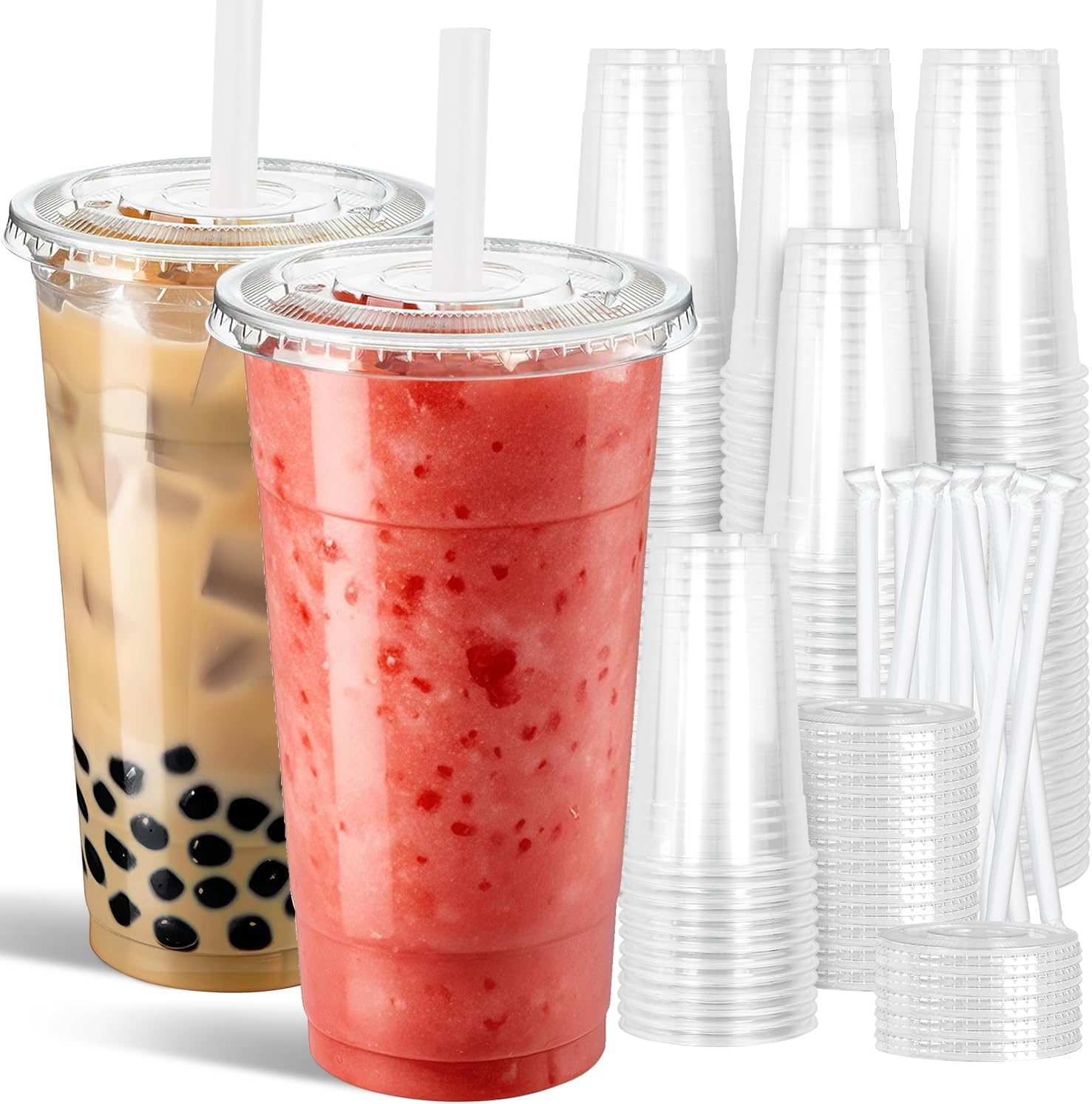 Ginkgo 100 Pack 24oz Clear Plastic Cups with Lids and Straws - Disposable Iced Coffee Cups for Smoothies, Lemonade