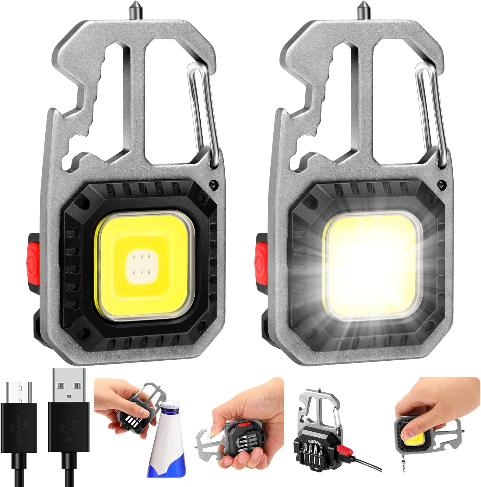 2 Pcs LED Cob Small Flashlights 800 Lumens Bright 7 Light Modes USB Rechargeable Keychain Mini Portable Pocket Light with Folding Bracket Bottle Opener for Fishing, Walking and Camping