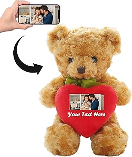 Personalized Teddy Bear with Heart for Customized Text & Image, Personalized Gifts Teddy Bear Plush Custom Teddy Bear Stuffed Animal for Girlfriend/Family for Birthday/Valentines Day(10in-Brown)