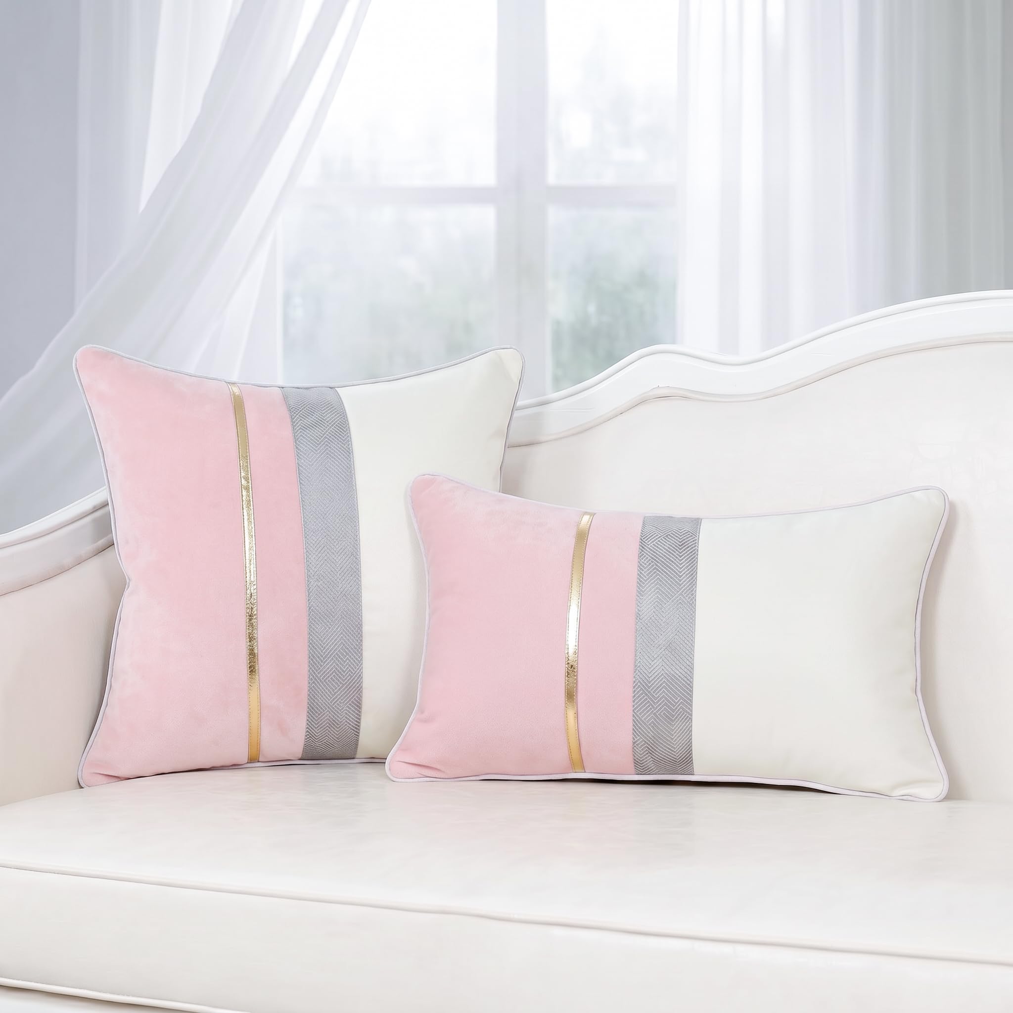 PANOD Funda de almohada de terciopelo rosa con diseño de rayas doradas, funda de cojín de piel de lujo, moderna, cuadrada, para sofá, dormitorio, sala de estar, hogar, 50,8 x 50,8 cm