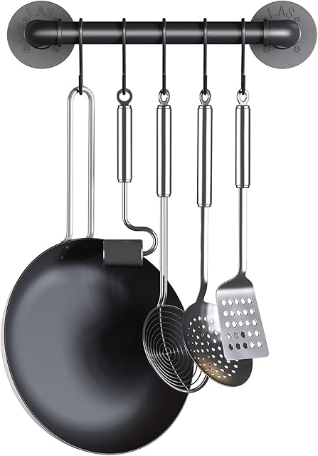 AcornFort® K-171 40 CM 15 Inches Full Metal Solid Iron Wall Mounted Kitchen Pot Pan Bar Rack Bar Hanging Rail Utensils Hanger Organizer Door Handrail with 10 Hooks