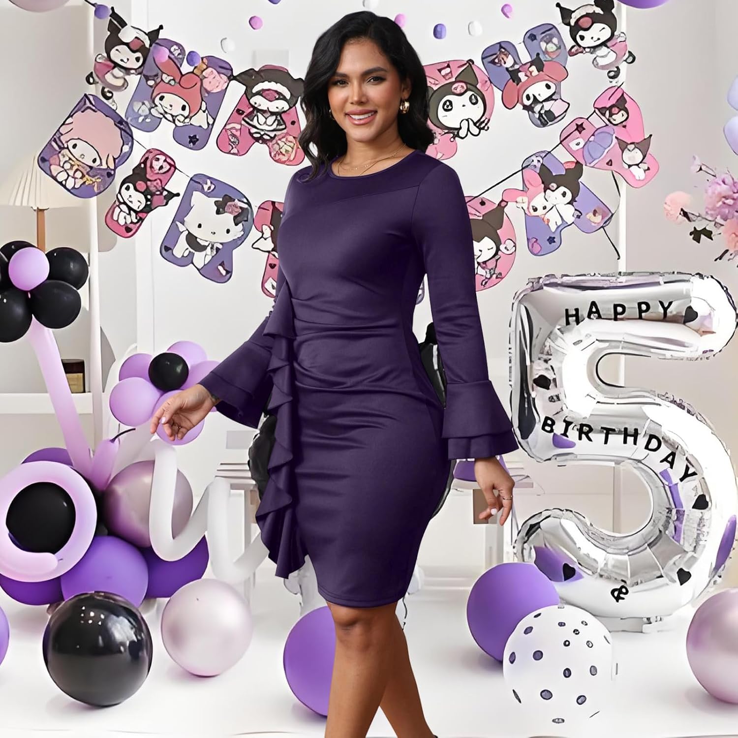 Church Dresses for Women Long Sleeve Bodycon Ruffle Vintage Wear to Work Pencil Midi Dress - Image 7