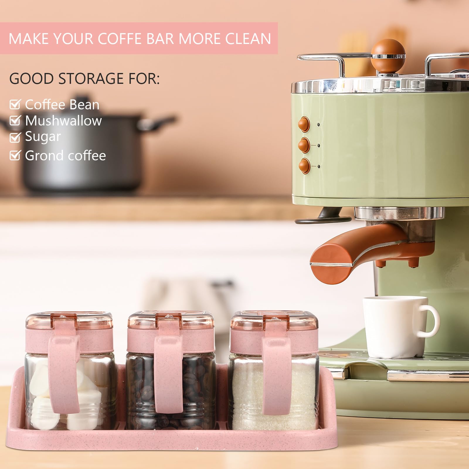 Suclain Juego de 3 tarros de condimentos de vidrio rosa para especias de cocina con base para granos de café y azúcar con etiquetas adhesivas, juego de tarros de café y azúcar de vidrio rosa con
