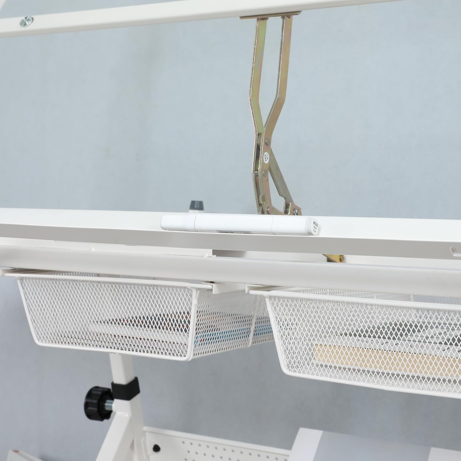 Drafting Table with Adjustable Tabletop and Stool, Multifunctional Art Craft Drawing Desk with Tilting Glass Tabletop, Study Metal Workstation with Storage for Home Office, White