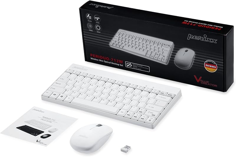 Perixx PERIDUO-712 Vezeték Nélküli Mini Billentyűzet és Egér Szett - Fehér - 2.4G Technológia - 1000 DPI Optikai Egér - Kerek Billentyűk - P