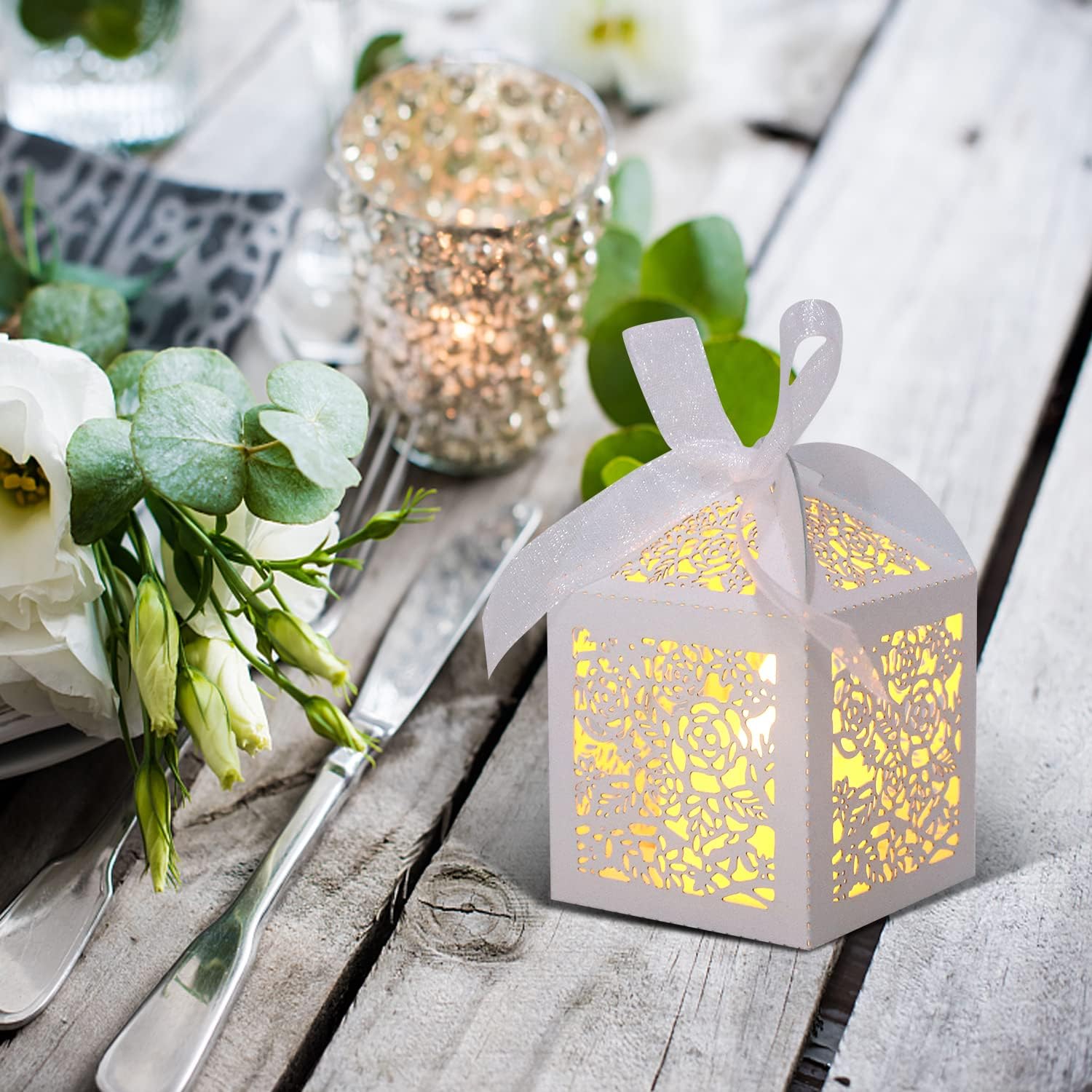 50pcs Laser Cut Favor boxes, Wedding Favors Candy Boxes with Ribbons and Tags, Small Gift Boxes for Wedding,Party,Baby Shower,Bridal Shower (50-2x2x2.76, White) - Image 2