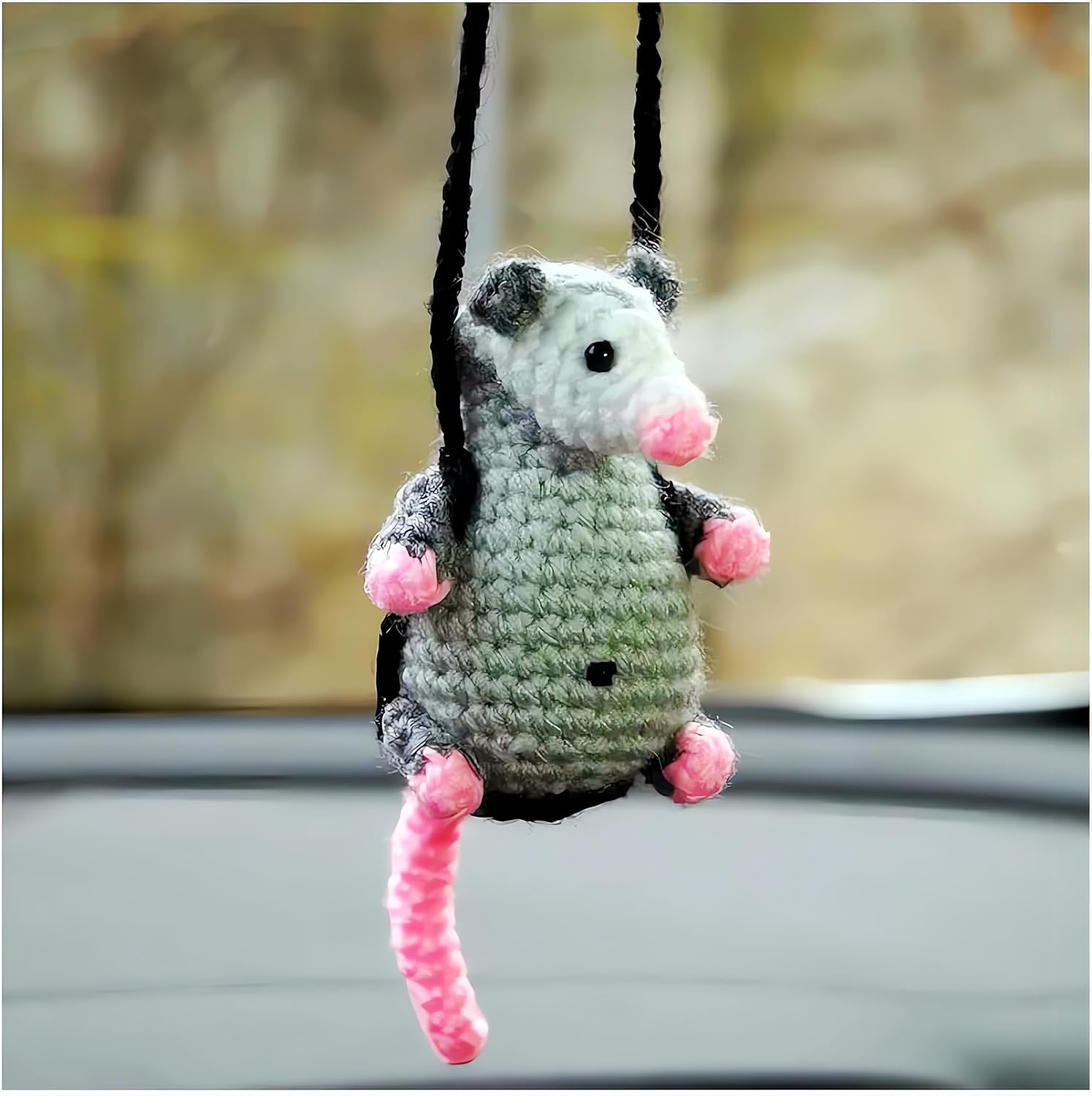 2024 New Possum Car Charm, Handmade Crochet Knitted Pendant, Opossum Gifts Rearview Mirror Accessory, Swinging Ornament, Cool Dashboard Decorations (C-Swing)