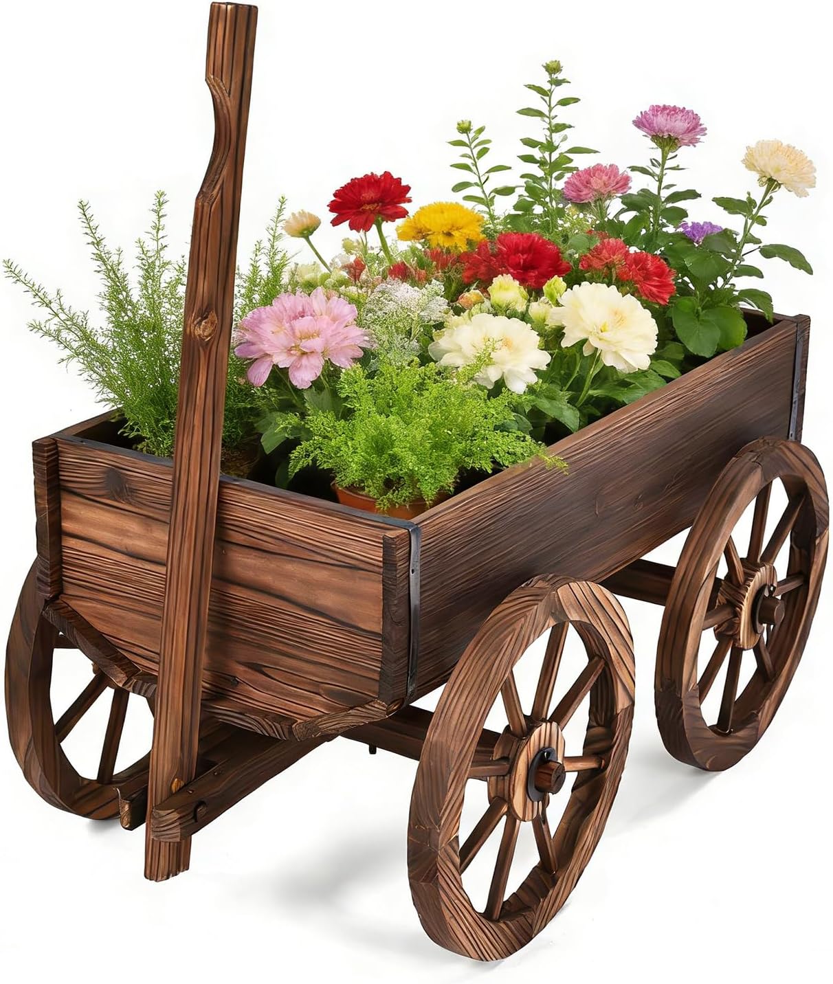COSTWAY Wood Wagon Flower Planter Pot Stand with Wheels for Home, Garden, Indoor, Outdoor, Decor