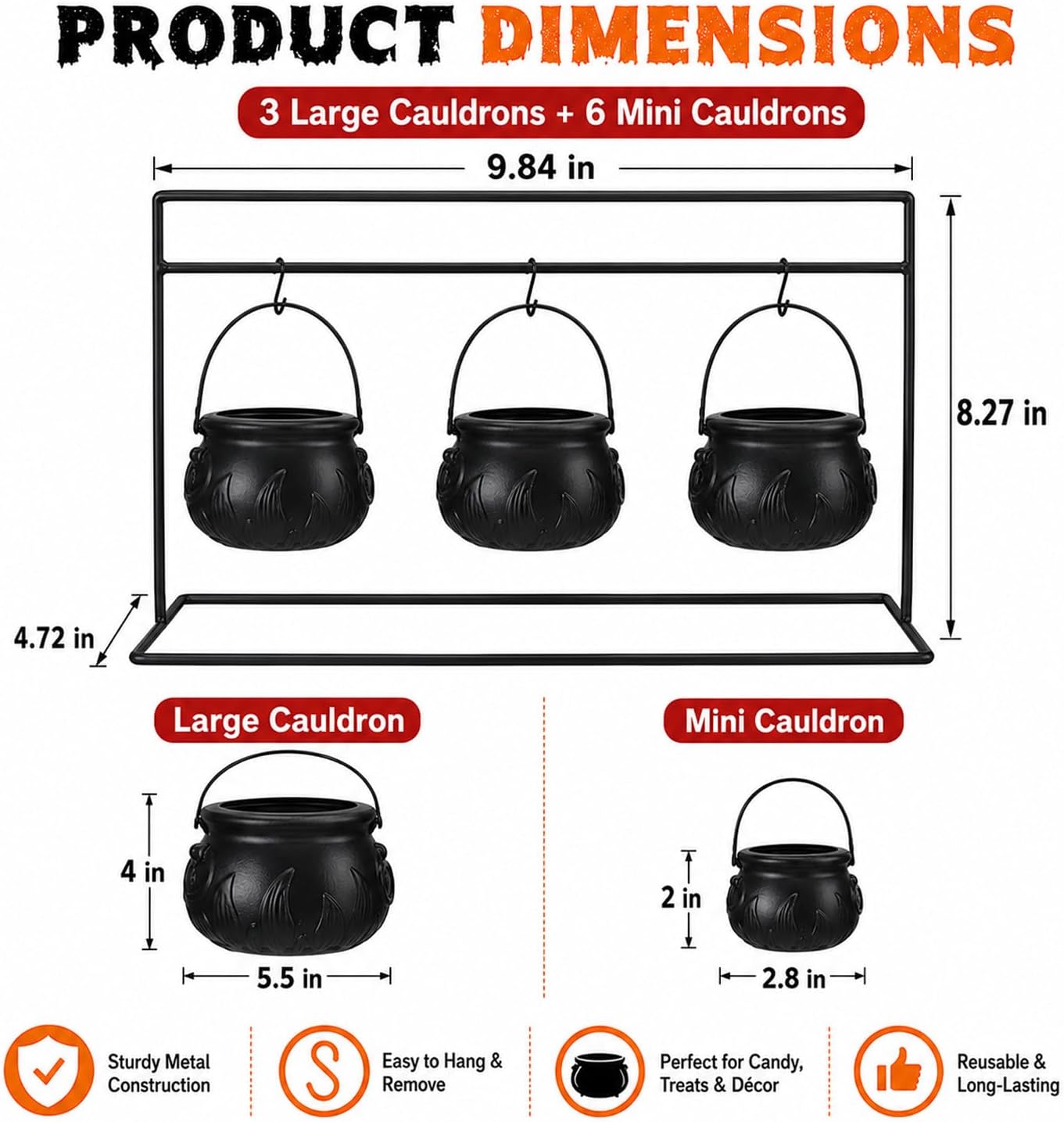 Halloween Cauldron Serving Bowl Set, 9 PCS Plastic Hanging Black Witch Cauldrons with Metal Rack, 3 Large & 6 Mini Candy Buckets for Halloween Party Table Decor, Spooky Witch Favor