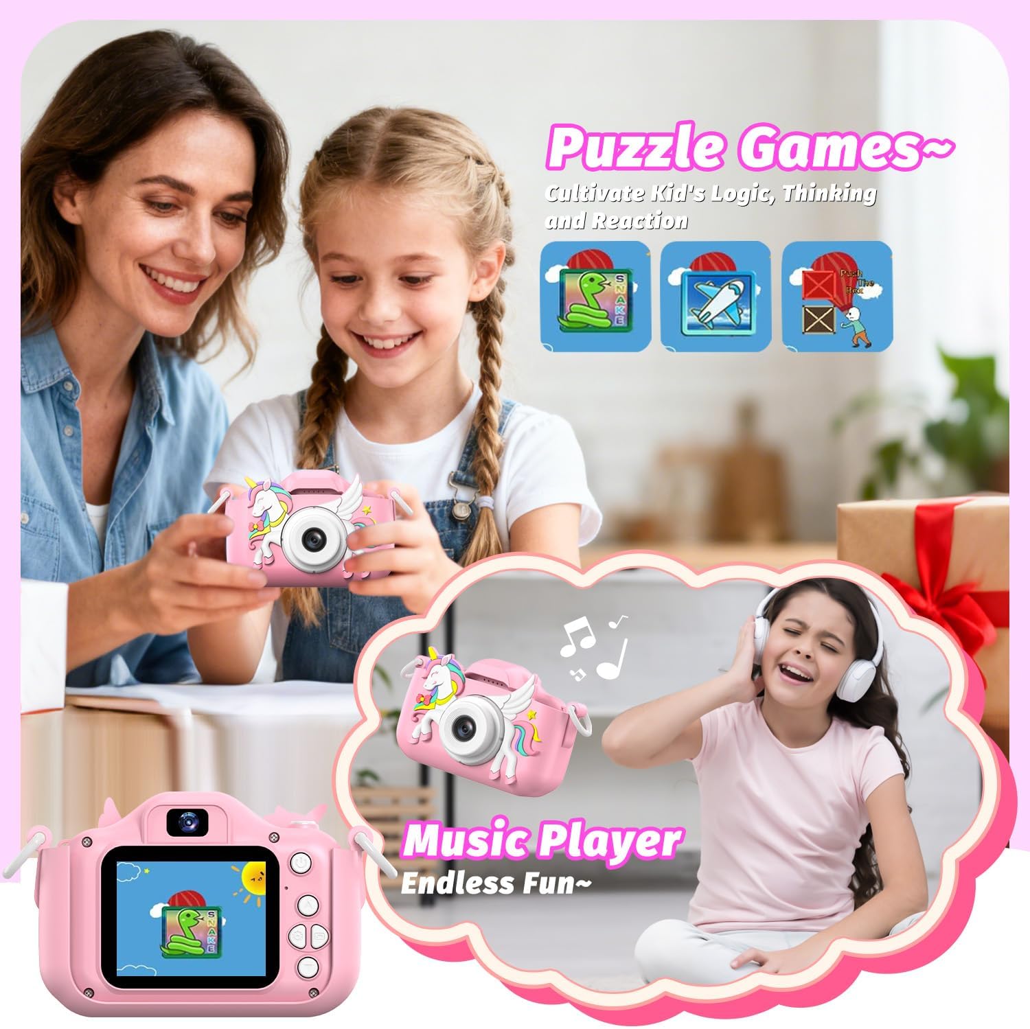 Children's camera displaying various frames, filters, and color effects for creative photography.