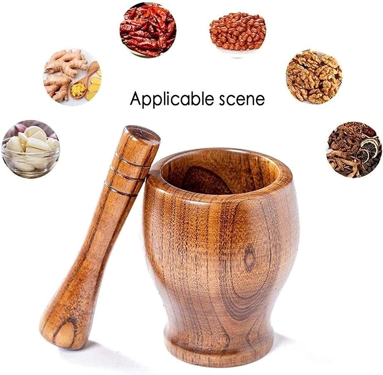 Solid Wood Mortar and Pestle, 100% Natural Spice Grinder, Crush, Press, Mash Spices, Garlic, Pepper, Guacamole, Nuts, Fruit, Wooden Mortar and Pestle Set for Kitchen(