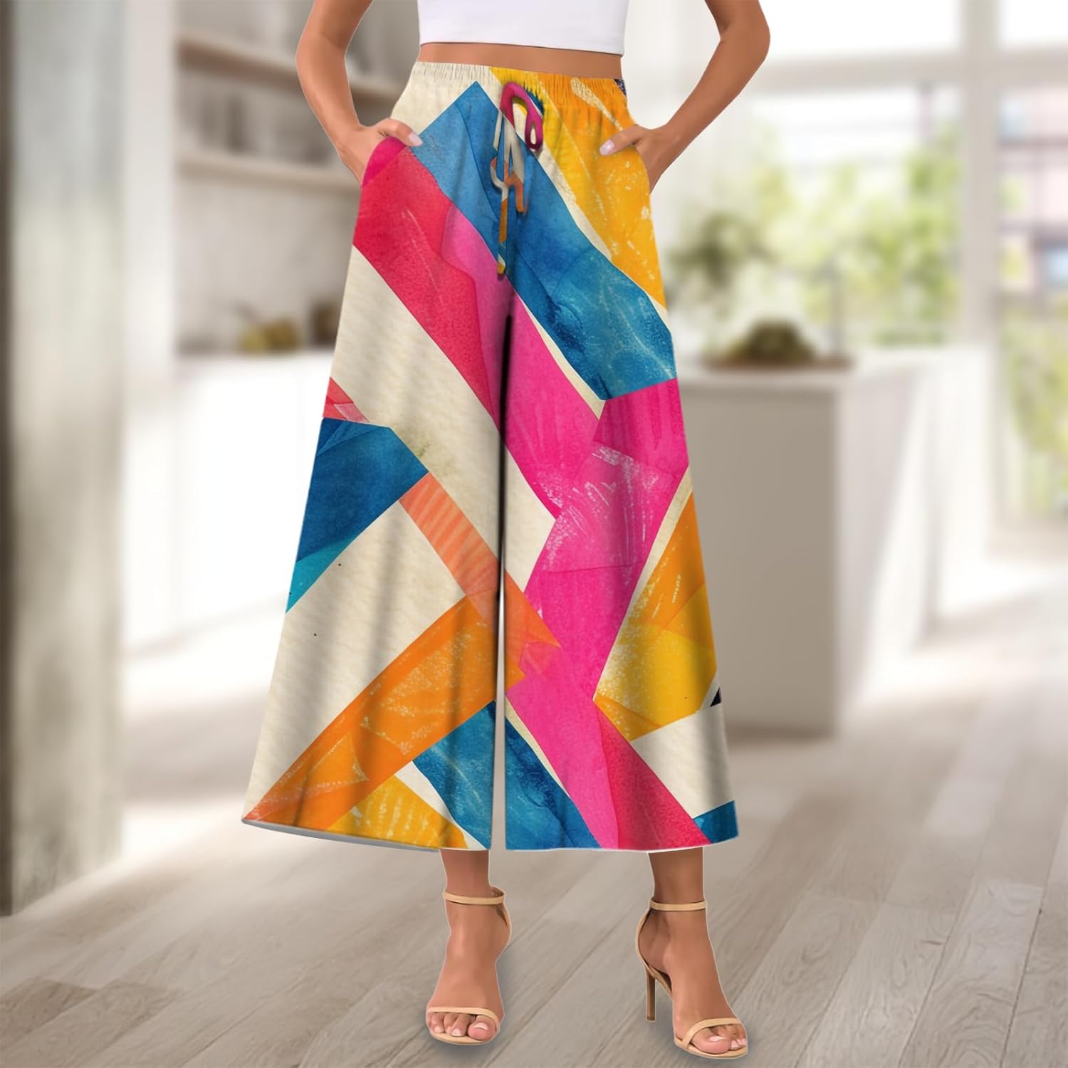 Floral Print Palazzo Pants for Women High Waist Wide Leg Summer Lightweight Loose Casual Trousers with Pockets