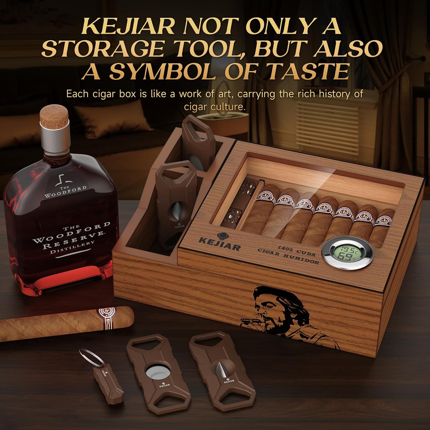 Cigar Humidor, Glass Top Cedar Desktop Cigar Humidors Case with 2 Side Humidor Accessories Boxes with Cigar Cutter, Hole Punch, Humidifier, and Digital Hygrometer Cigar Set, Cigar Gifts for Men - Image 8