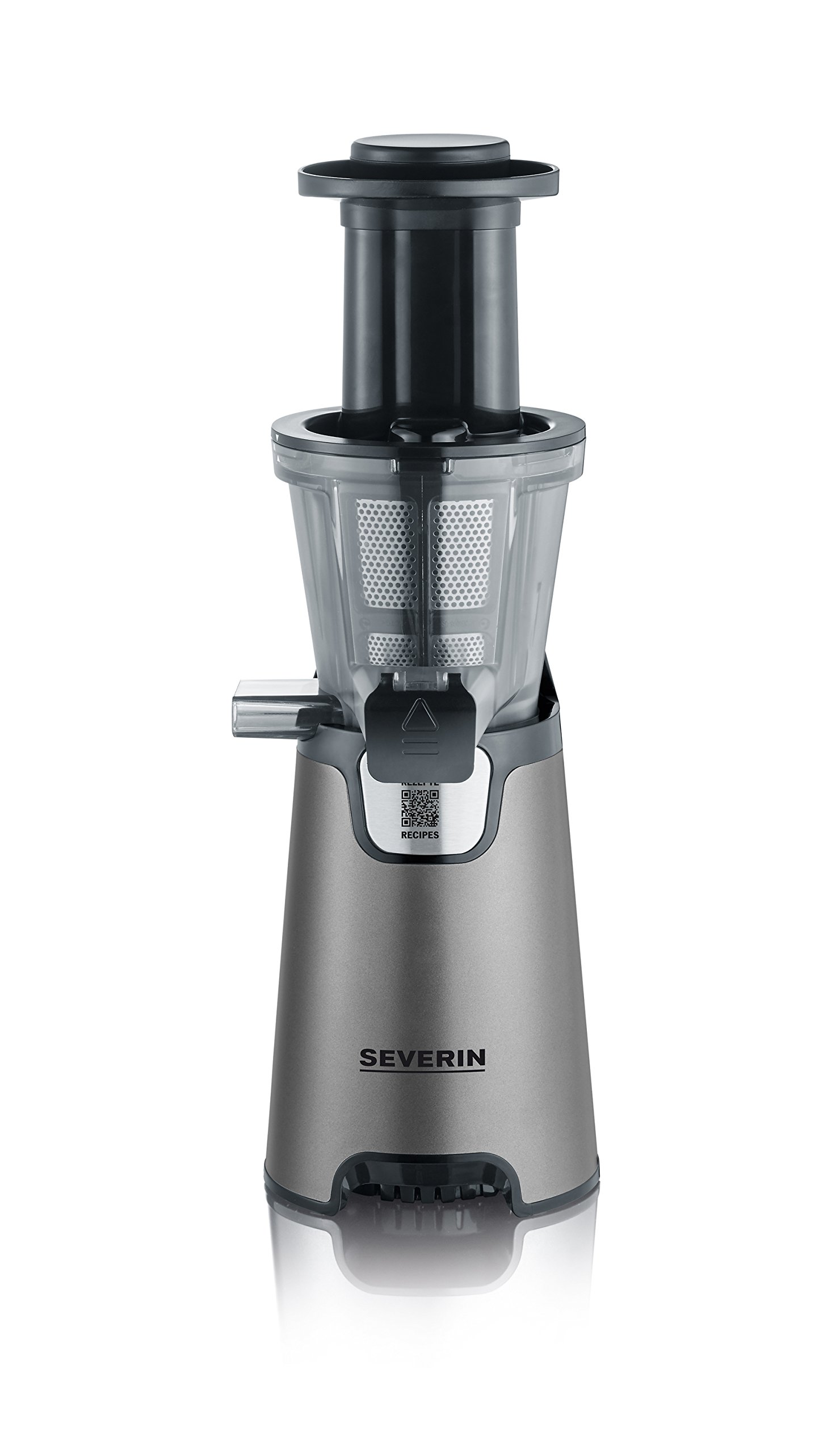 SEVERIN Slow Juicer, Estrattore di Succo, 150W, 1 Litro, 45 rpm, Senza Lame, Inserto Sorbetti, 2 Setacci, Funzione Inversa, Antigoccia, BPA Free, 22,0 x 26,0 x 42,0 cm, Acciaio - ES 3571