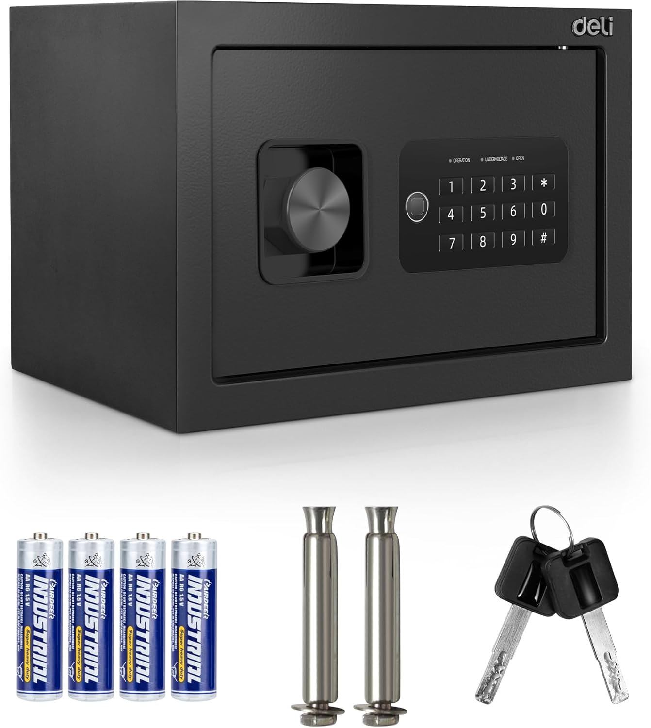 Deli ET530 Digital Safe Box with included accessories: 4 AA batteries, 2 fixing bolts, and 2 override keys.