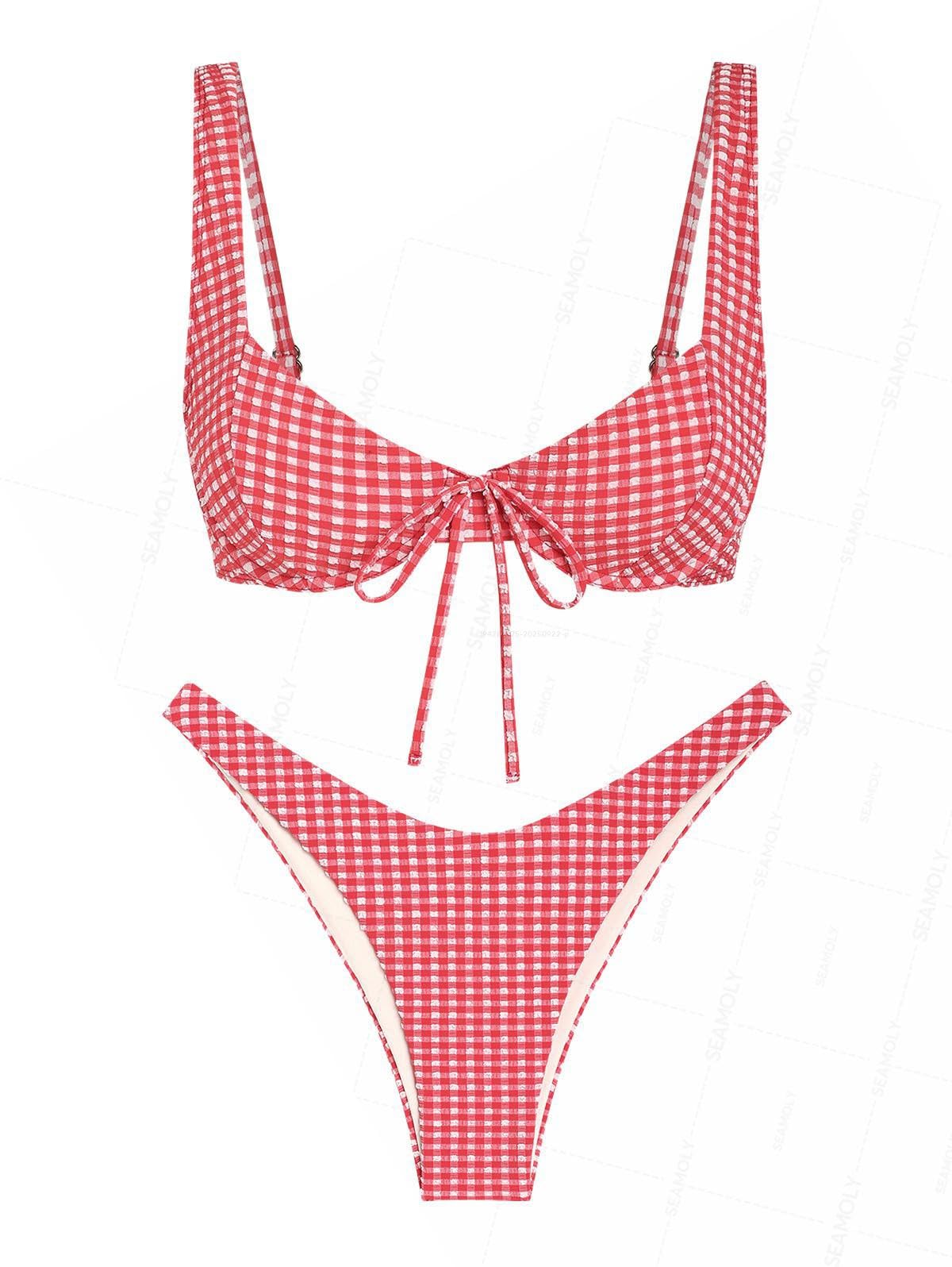 seamoly Gingham Ruched Bowknot Decor High Cut Bikini Set