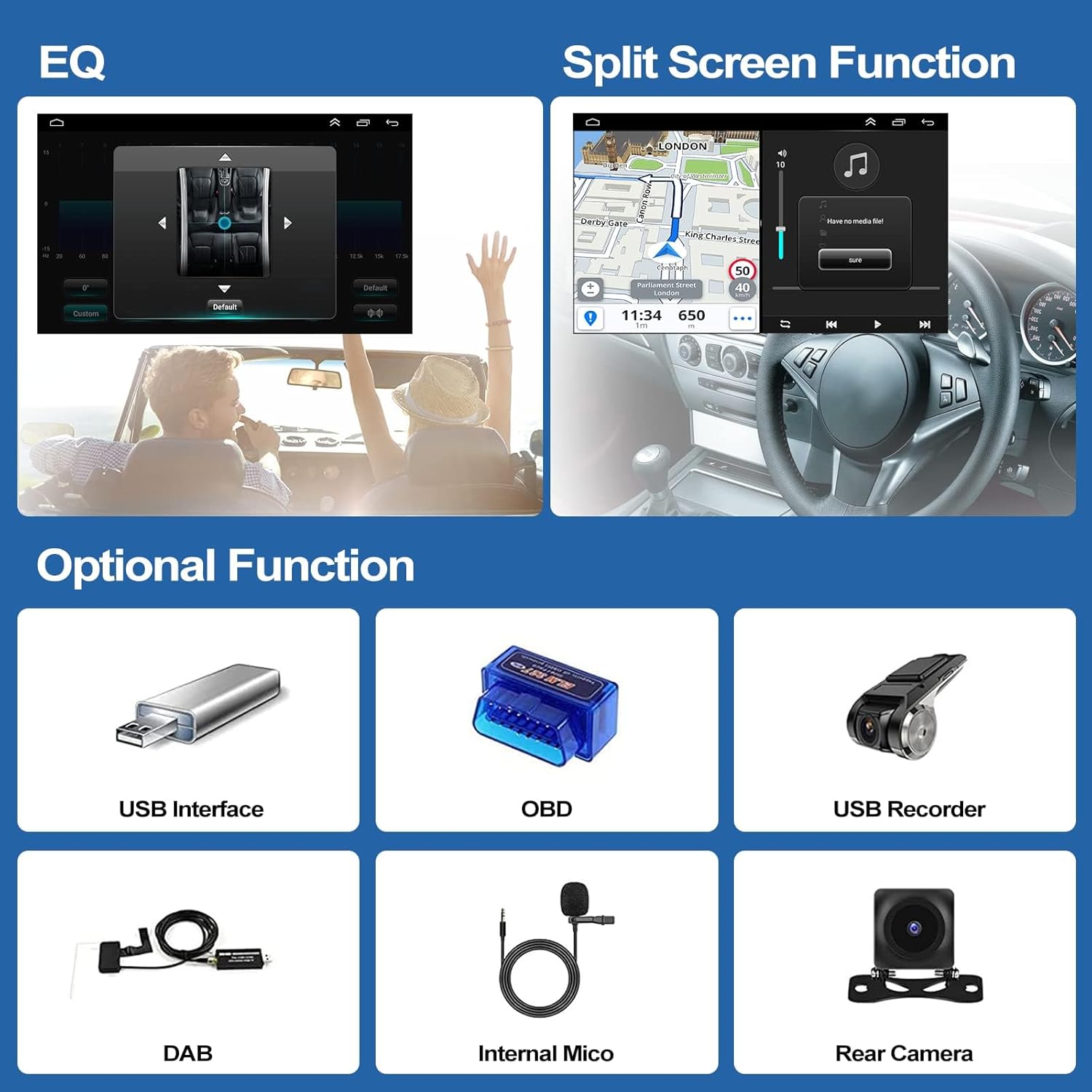 CAMECHO Android 13 Car Radio EQ settings, Split Screen function, and optional accessories