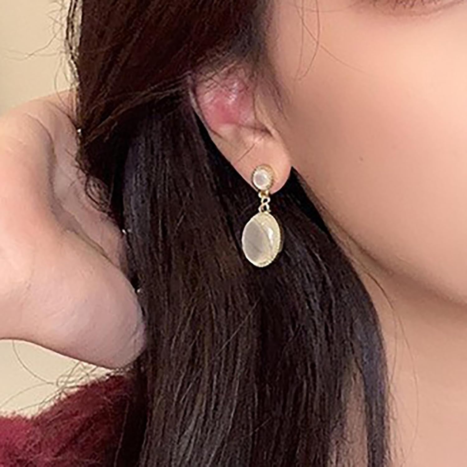 Boho Oval Natural Moonstone Earrings White Moonstone Dangle Earrings Round Opal Stud Earring Vintage Opal Drop Earring Jewelry for Women - Image 7